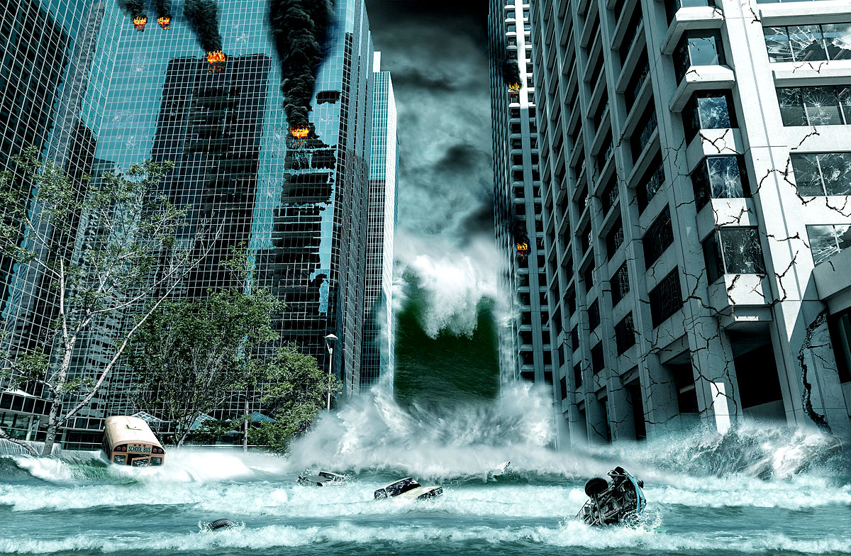 Eine Stadt wird durch einen Tsunami zerstört